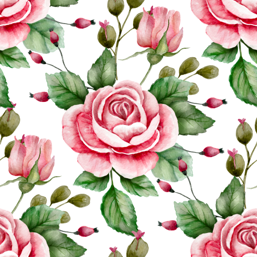 Seamless 3D PBR Texture Featuring Hand-Painted Pink Roses and Green Leaves