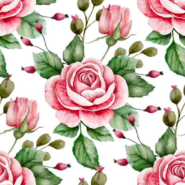 Featuring Hand-Painted Pink Roses and Green Leaves seamless PBR texture preview