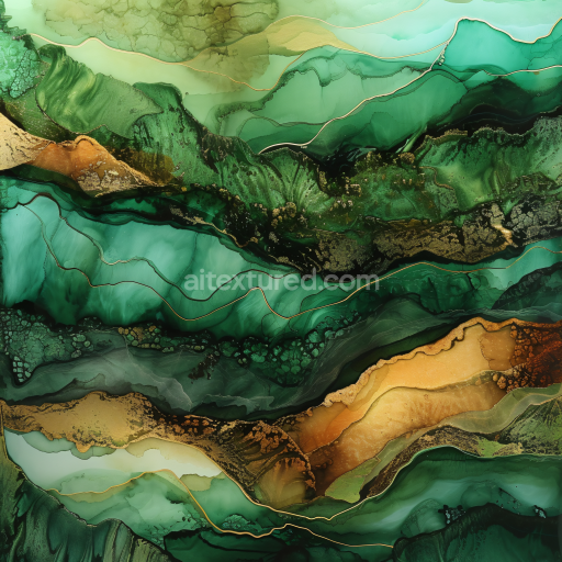 Seamless 3D Alcohol Ink PBR Texture Featuring Deep Green and Gold Fluid Marbling
