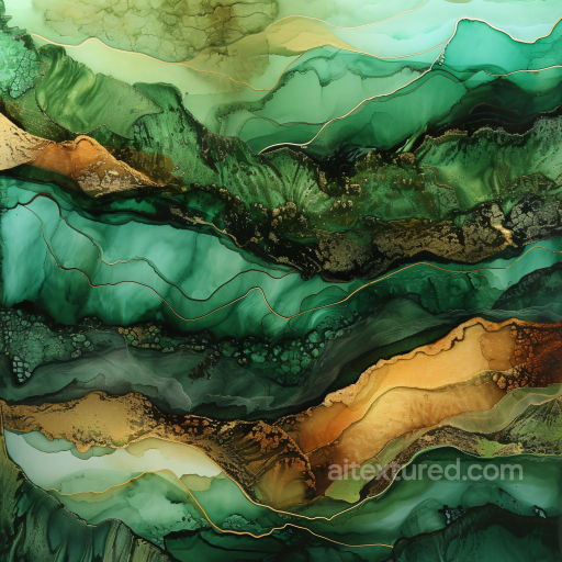 Alcohol Ink PBR Texture Featuring Deep Green and Gold Fluid Marbling seamless Alcohol ink PBR texture