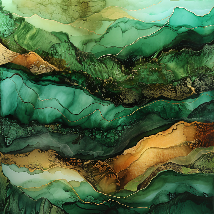 Alcohol Ink Featuring Deep Green and Gold Fluid Marbling seamless PBR texture preview