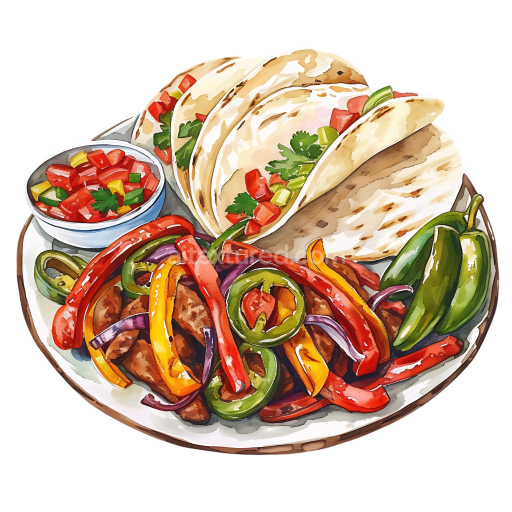 Mixed Fajita Breakfast Platter with Grilled Peppers and Salsa PNG Illustration