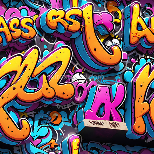 Seamless 3D PBR Graffiti Texture Featuring Bright, 3D-Style Street Art Letters