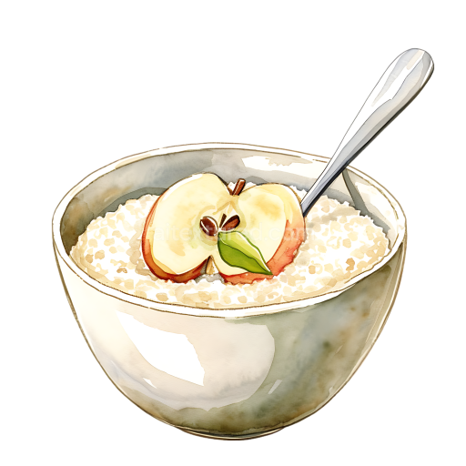 Breakfast Oatmeal Bowl with Apple Slices and Spoon Watercolor Illustration