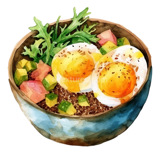 Breakfast Bowl with Quinoa, Sunny-Side Eggs, Avocado, and Greens - Watercolor Style