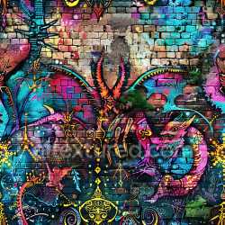 seamless Seamless 3D PBR Texture Featuring Vibrant Graffiti Dragons and Abstract Symbols on Aged Brick Wall texture 8k free download PBR