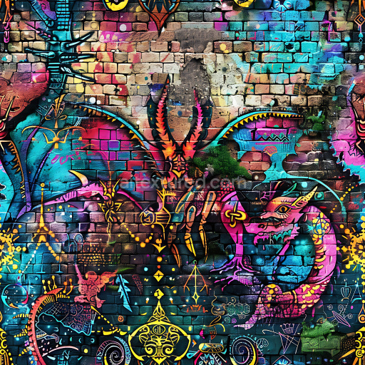 Seamless 3D PBR Texture Featuring Vibrant Graffiti Dragons and Abstract Symbols on Aged Brick Wall