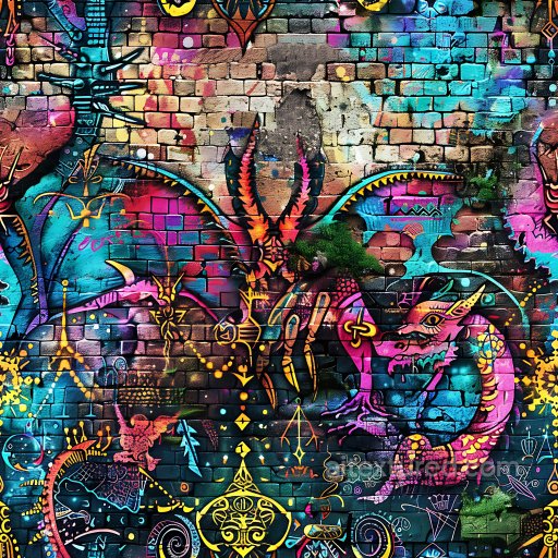 Seamless 3D PBR Texture Featuring Vibrant Graffiti Dragons and Abstract Symbols on Aged B… texture preview