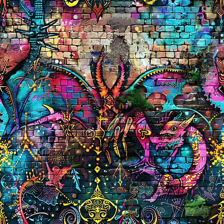 Featuring Vibrant Graffiti Dragons and Abstract Symbols on Aged Brick W… seamless PBR texture preview