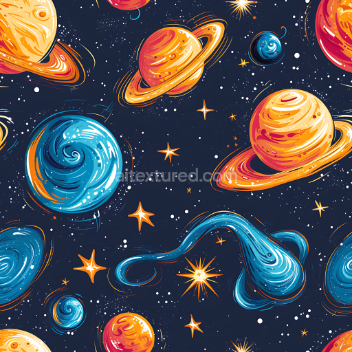 Seamless 3D PBR Texture Featuring Stylized Cartoon Planets & Starry Space