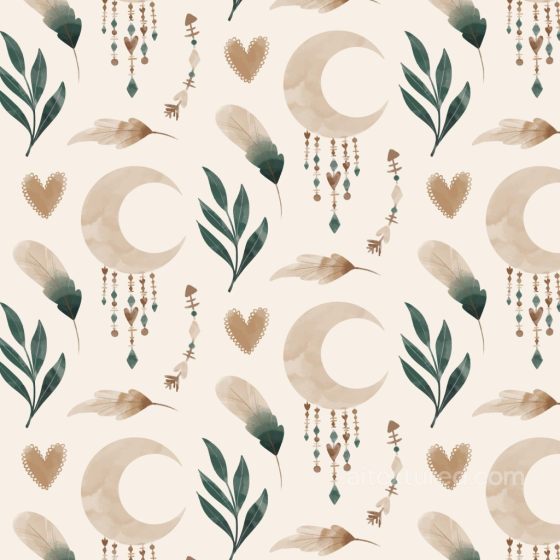 Featuring Neutral Boho Motifs with Crescent Moons and Feathers Boho Seamless texture preview