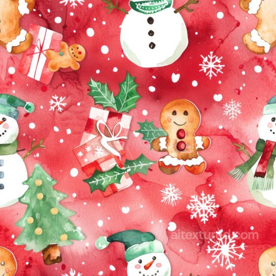 Watercolor Christmas Texture with Festive Snowmen and Gingerbread Watercolor Christmas texture preview