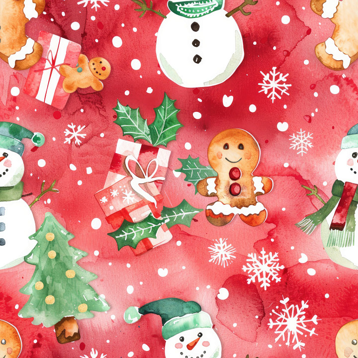 Watercolor Christmas with Festive Snowmen and Gingerbread seamless PBR texture preview