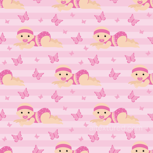 Pink Baby Girl Cartoon Pattern Seamless Texture with Butterflies seamless Baby girl PBR texture