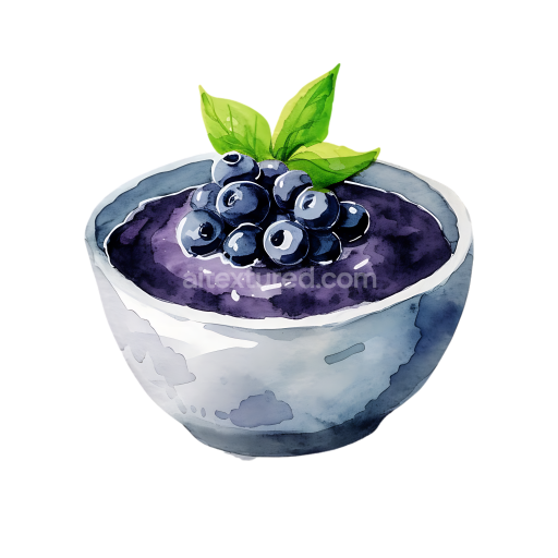 Breakfast Bowl of Blueberry Black Rice Porridge with Fresh Mint Watercolor Illustration