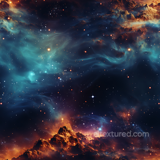 Space PBR Texture Featuring Blue Nebula Clouds and Fiery Cosmic Mountains seamless Star, space, planets PBR texture