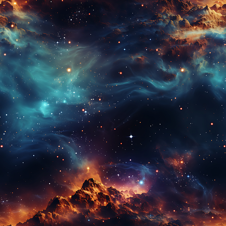 Space Featuring Blue Nebula Clouds and Fiery Cosmic Mountains seamless PBR texture preview