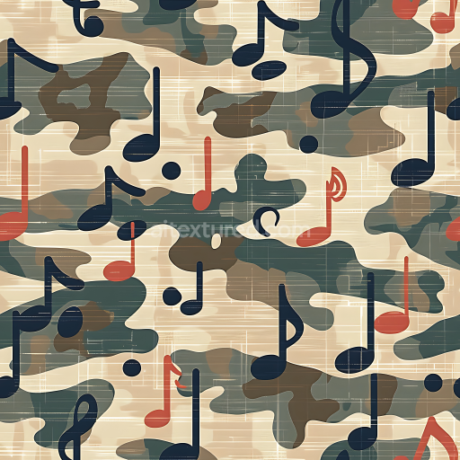 Seamless 3D camouflage PBR texture with woodland palette and musical note overlay