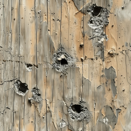 Seamless 3D cracked plaster and holes PBR texture in beige and gray tones