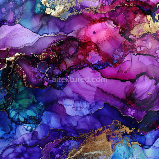 Seamless 3D Alcohol Ink PBR Texture Featuring Purple and Gold Fluid Marbling