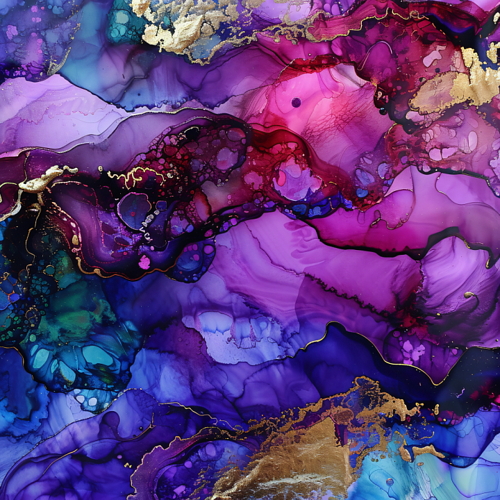 Alcohol Ink Featuring Purple and Gold Fluid Marbling seamless PBR texture preview