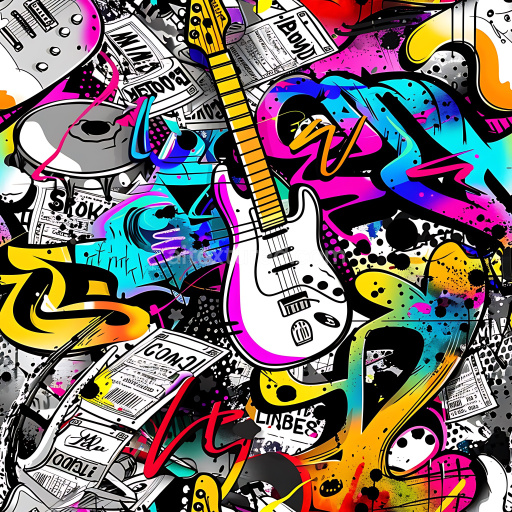 Seamless 3D PBR Texture Featuring Colorful Graffiti and Musical Elements