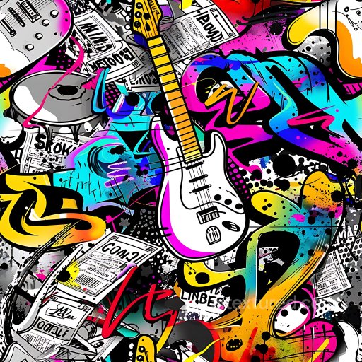 Seamless 3D PBR Texture Featuring Colorful Graffiti and Musical Elements texture preview