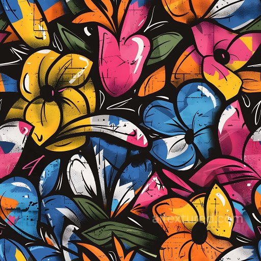 Seamless 3D PBR Graffiti Texture with Vibrant Floral Street Art in Yellow, Blue, Pink texture preview