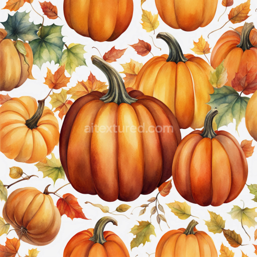 Seamless 3D PBR Texture Featuring Watercolor Pumpkins and Autumn Leaves