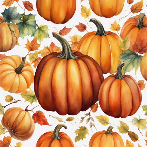 Watercolor Pumpkin and Autumn Leaves Fabric Texture seamless Watercolor Halloween PBR texture