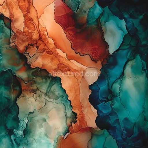 Seamless 3D Alcohol Ink PBR Texture Featuring Rust Orange and Teal Fluid Waves