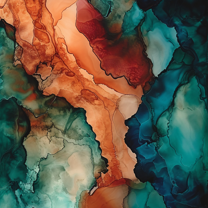 Alcohol Ink Featuring Rust Orange and Teal Fluid Waves seamless PBR texture preview
