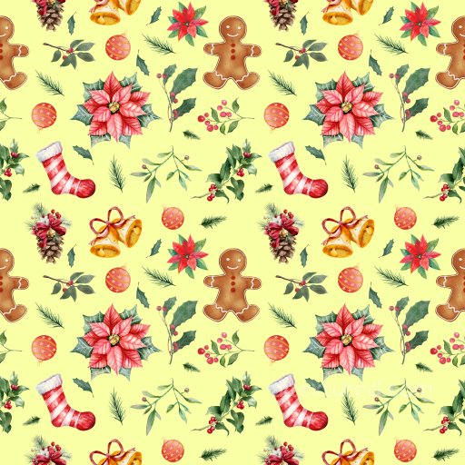 Pattern PBR Texture Featuring Hand-Painted Christmas Motifs on Soft Yellow seamless Pattern Bundle PBR texture