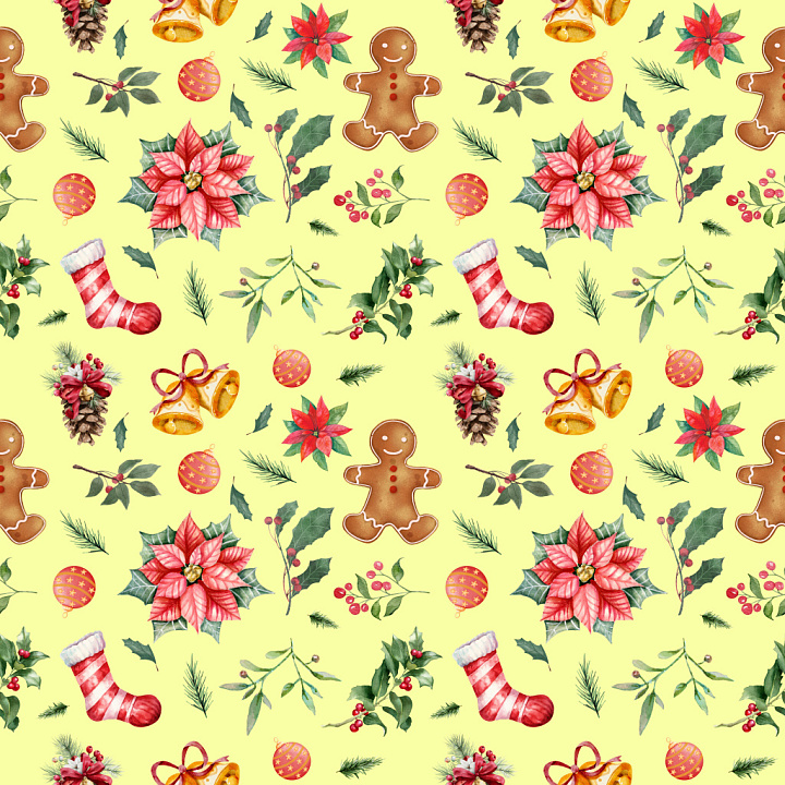Pattern Featuring Hand-Painted Christmas Motifs on Soft Yellow seamless PBR texture preview