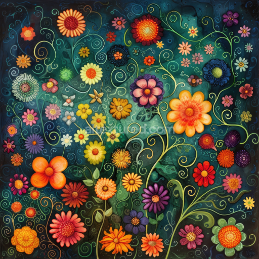 Seamless 3D PBR Texture of Vibrant Embroidered Floral Fabric with Multicolor Flowers