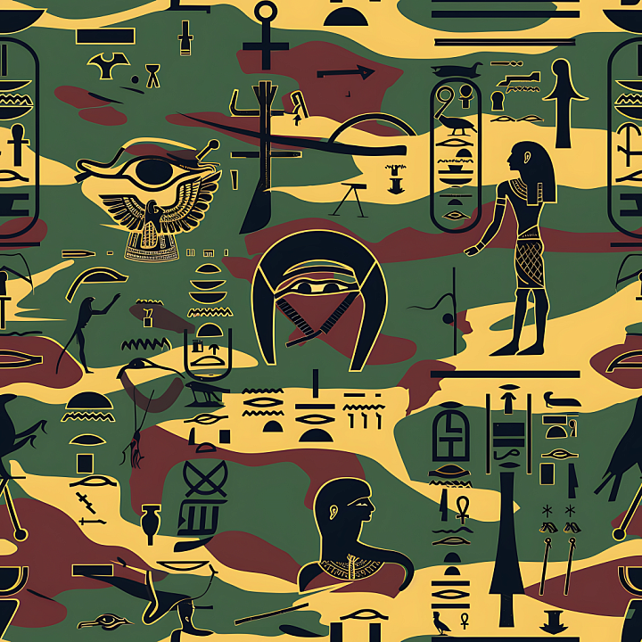 Camouflage Featuring Ancient Egyptian Symbols on Classic Camo Colors seamless PBR texture preview