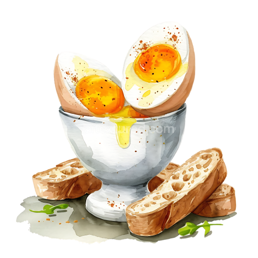 Watercolor Boiled Eggs in Egg Cup with Soldiers Breakfast Illustration