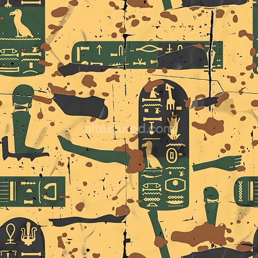 Seamless 3D Stylized Ancient Egyptian Hieroglyphs Camouflage PBR Texture with Aged Cracks and Paint Splatter