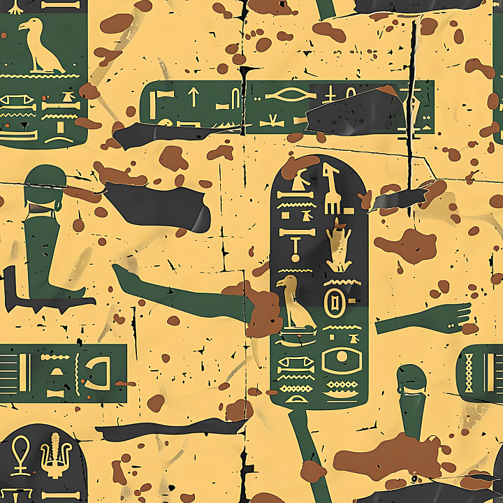 Stylized Ancient Egyptian Hieroglyphs Camouflage with Aged Cracks and P… seamless PBR texture preview