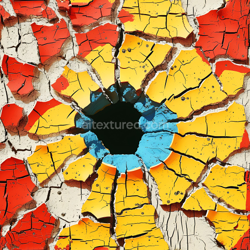 Seamless 3D PBR cracked colorful paint surface texture with vibrant red, yellow, and blue chips