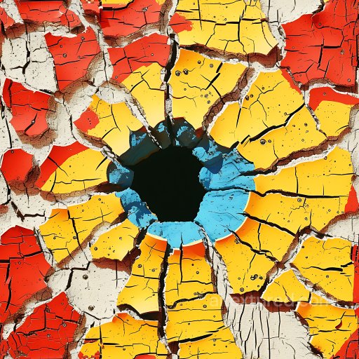 Cracked Colorful Paint Surface Texture With Vibrant Red, Yellow, And Blue Chips seamless Cracked & Holes PBR texture
