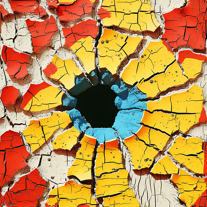 Cracked Colorful Paint Surface With Vibrant Red, Yellow, And Blue Chips seamless PBR texture preview