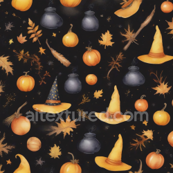 seamless Seamless 3D PBR Vintage Halloween Texture Featuring Pumpkins, Witch Hats & Autumn Leaves texture 8k free download PBR