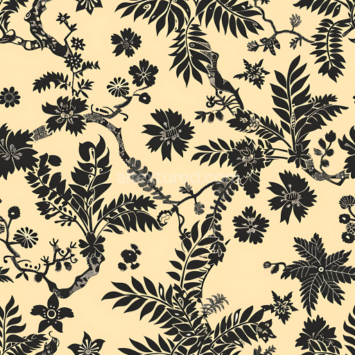 Seamless 3D Stylized Botanical Camouflage PBR Texture in Beige and Black