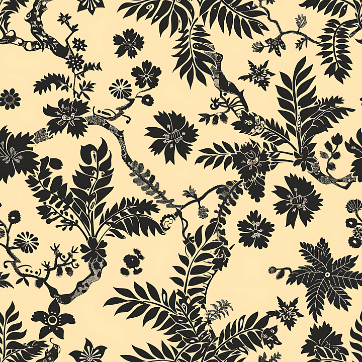 Stylized Botanical Camouflage in Beige and Black seamless PBR texture preview