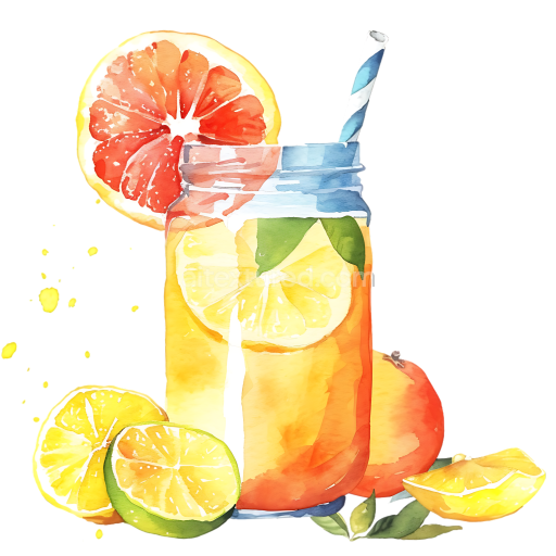 Watercolor Style Kombucha Breakfast Drink with Citrus Fruits Illustration
