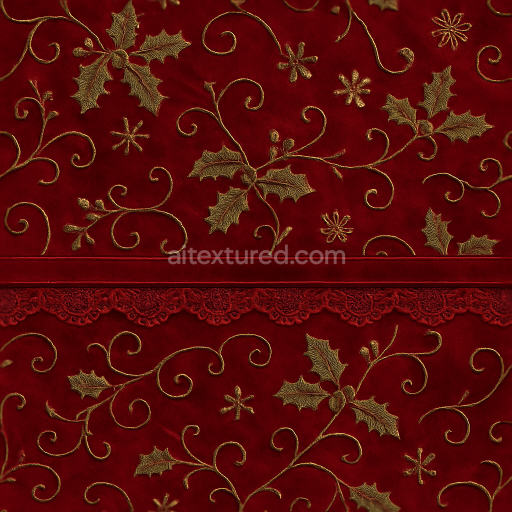 Seamless 3d texture pbr 8k velvet fabric red satin festive embroidery details