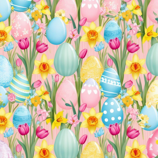 Seamless 3D PBR Texture of Colorful Easter Eggs and Spring Flowers