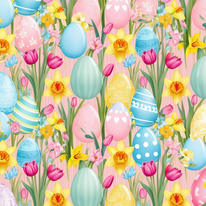 Easter Eggs & Spring Flowers Digital Paper seamless PBR texture preview