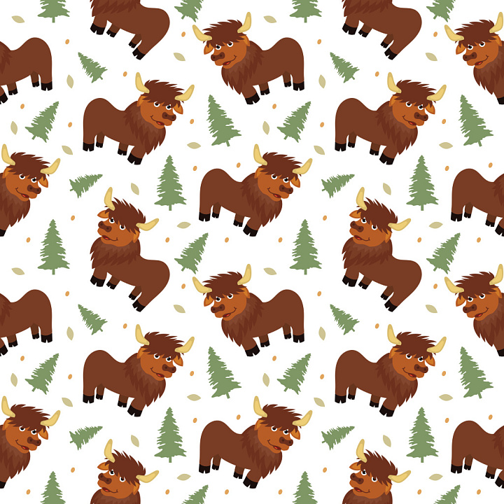 Pattern Featuring Cute Cartoon Bison and Pine Trees Wood seamless PBR texture preview